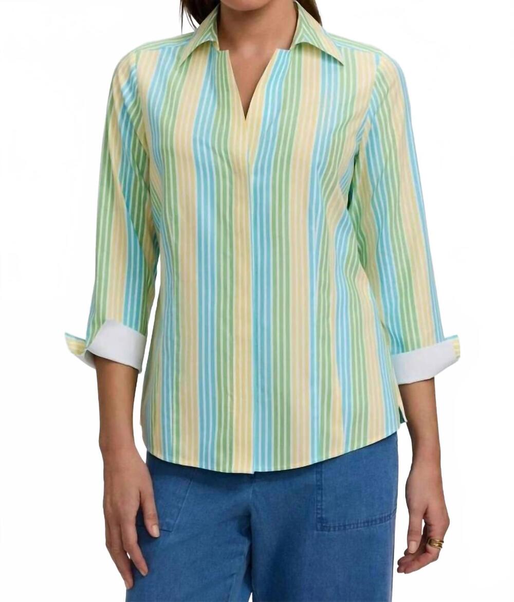 NEW FOXCROFT taylor 3/4 sleeve ombre stripe shirt in green multi
